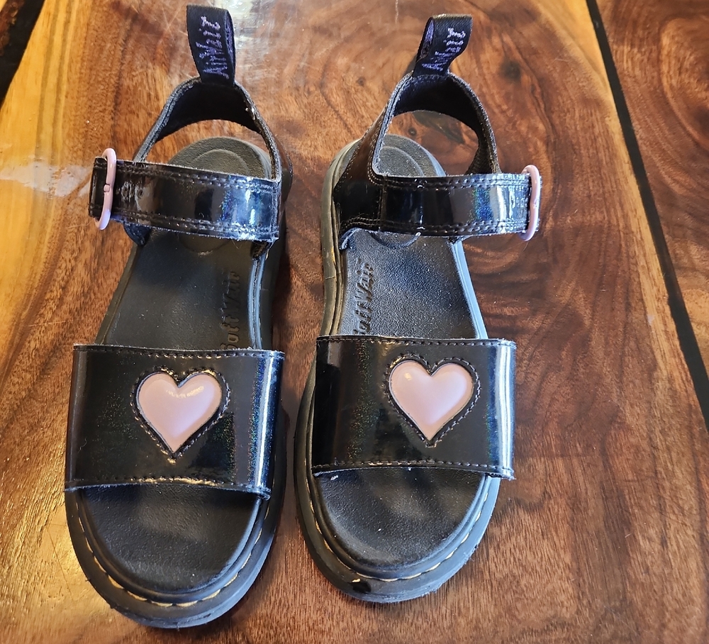 Dr. Martens Kids Black Sandals with Pink Heart Accent